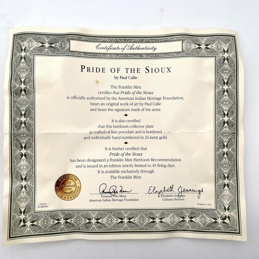 Franklin Mint Collector Plate Pride of the Sioux Paul Calle 8in Gold Rim EX - Picture 4 of 5